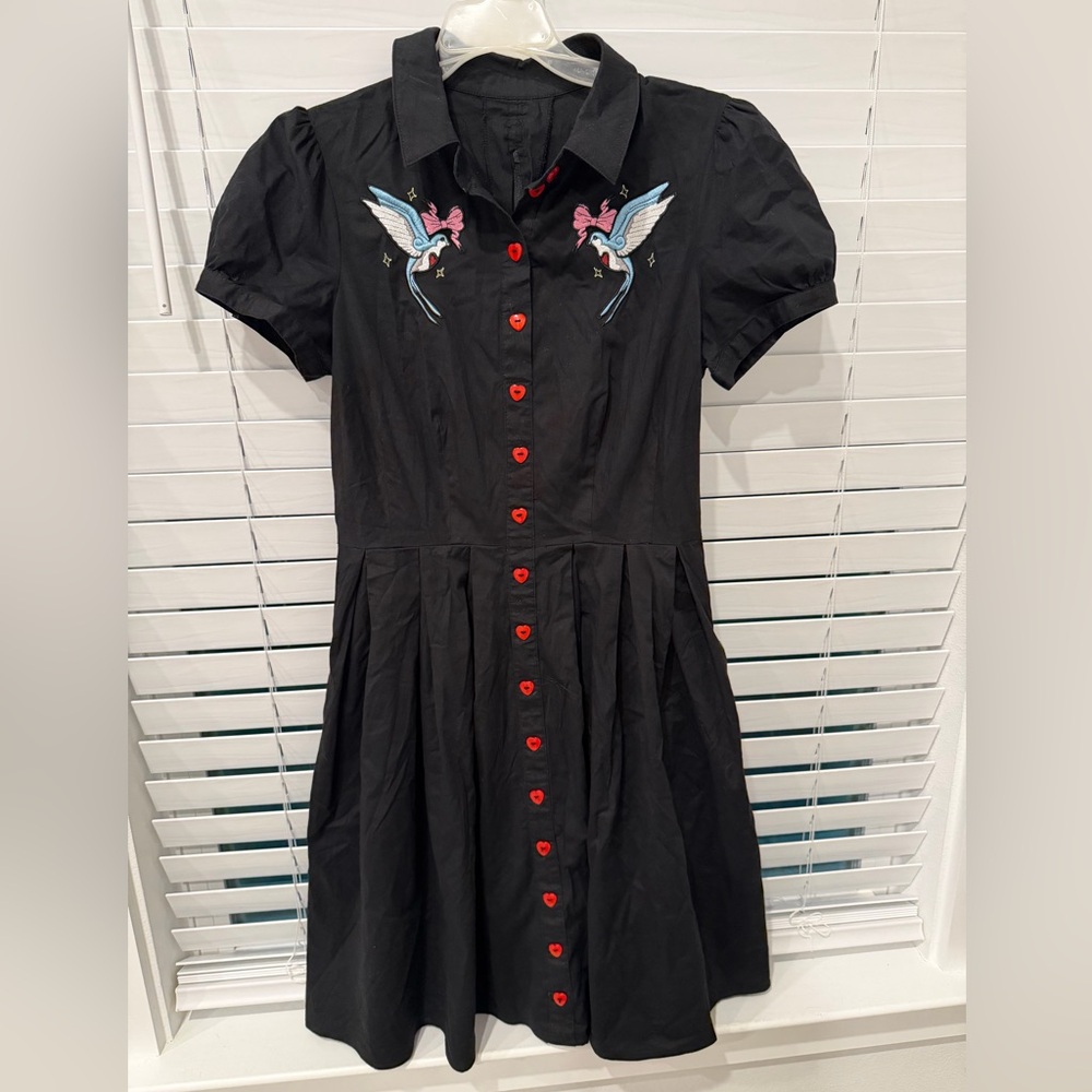 Hell Bunny Black Heart Button-Up Fit & Flare Dress with Bird Embroidery